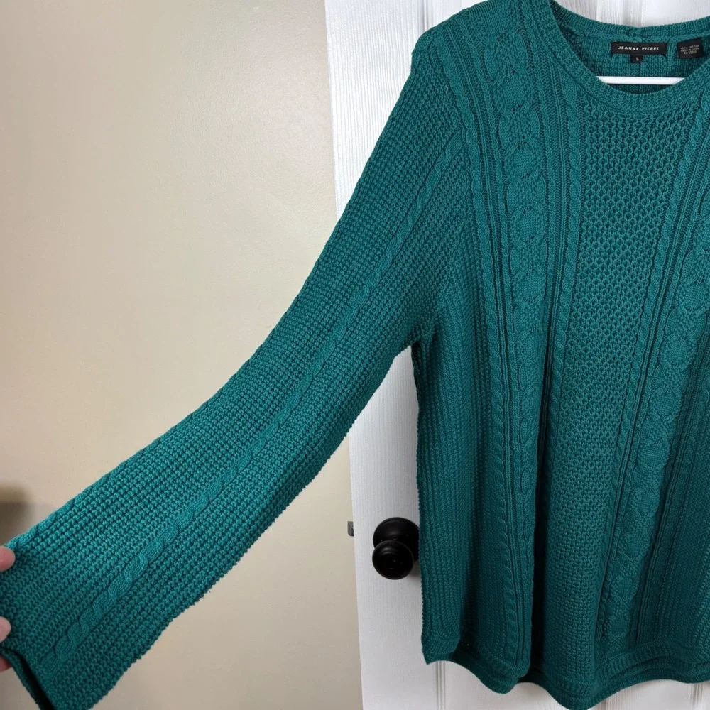 Teal Green Cable Knit Fisherman Sweater Womens L Cotton Pullover Cottage Coastal